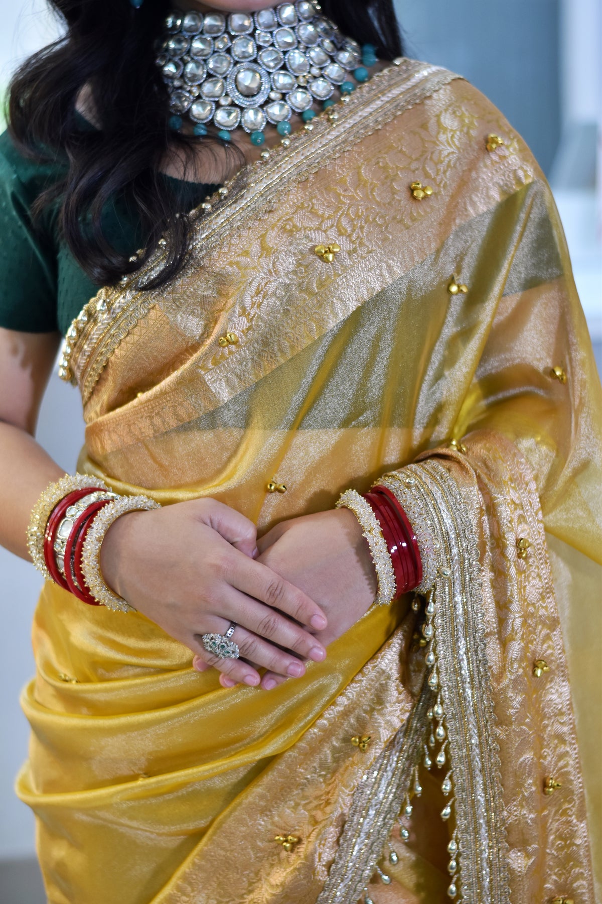 Banarasi Handwoven Tissue Saree With Embroidered Ghungroo Work - Sunshine yellow