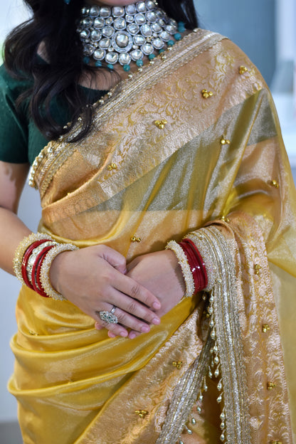 Banarasi Handwoven Tissue Saree With Embroidered Ghungroo Work - Sunshine yellow