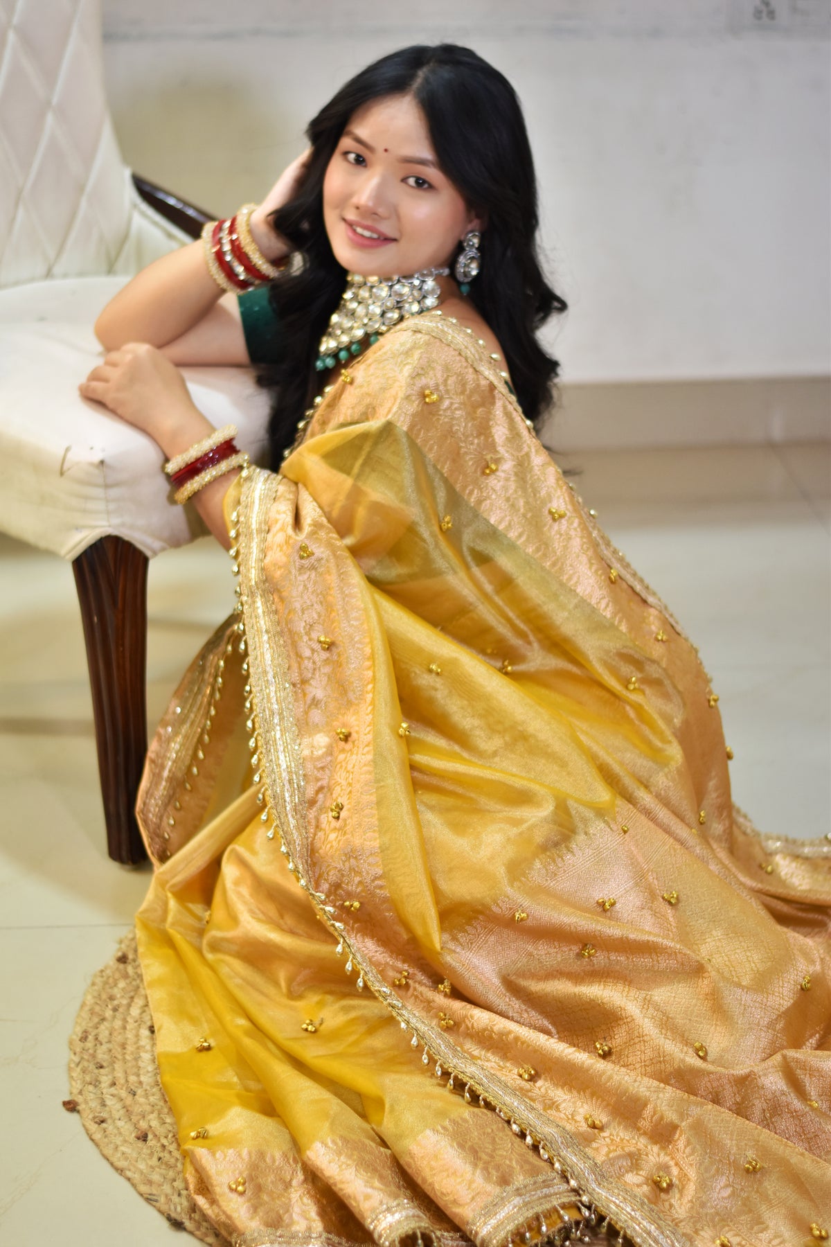 Banarasi Handwoven Tissue Saree With Embroidered Ghungroo Work - Sunshine yellow