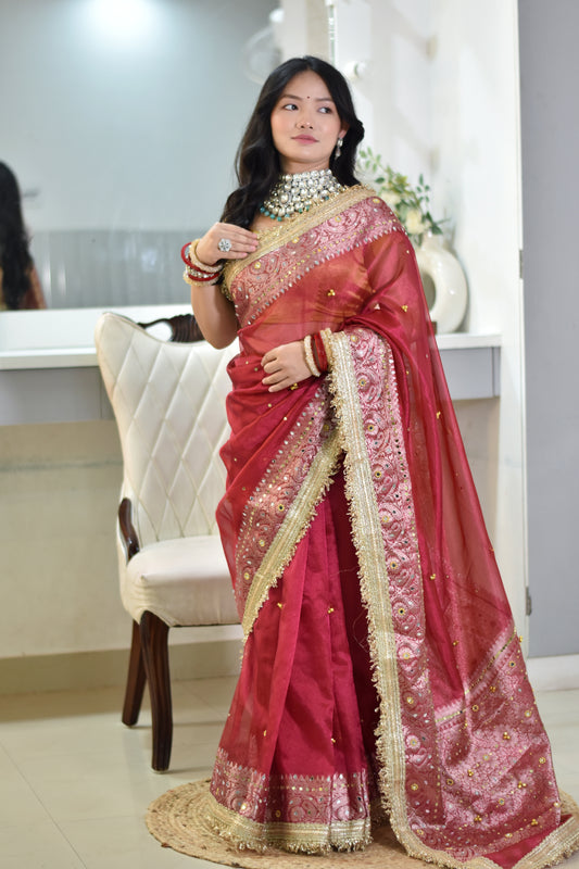 Banarasi Handwoven Tissue Saree With beautiful hand mirror work and pearl and  Embroidered Ghungroo Work - Rust red