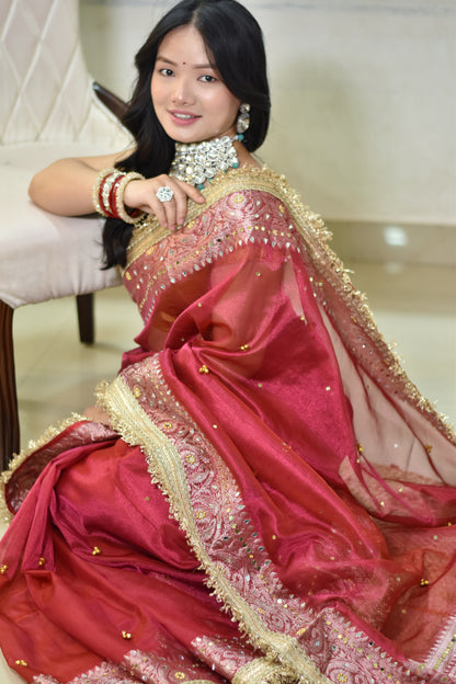 Banarasi Handwoven Tissue Saree With beautiful hand mirror work and pearl and  Embroidered Ghungroo Work - Rust red