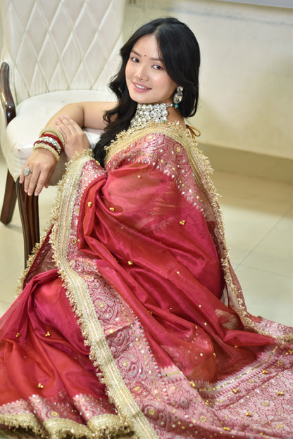 Banarasi Handwoven Tissue Saree With beautiful hand mirror work and pearl and  Embroidered Ghungroo Work - Rust red