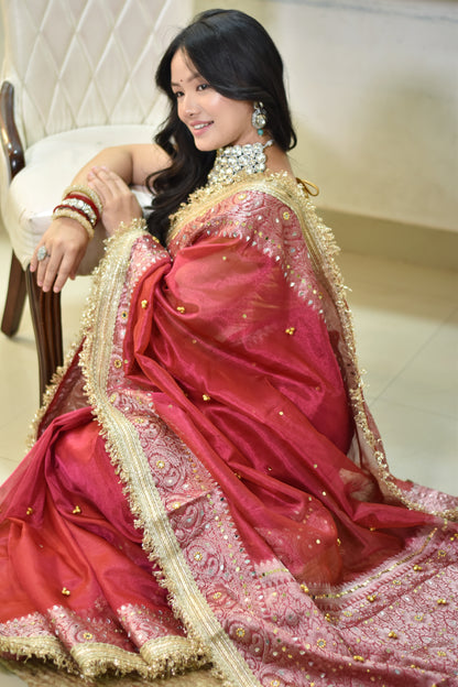 Banarasi Handwoven Tissue Saree With beautiful hand mirror work and pearl and  Embroidered Ghungroo Work - Rust red