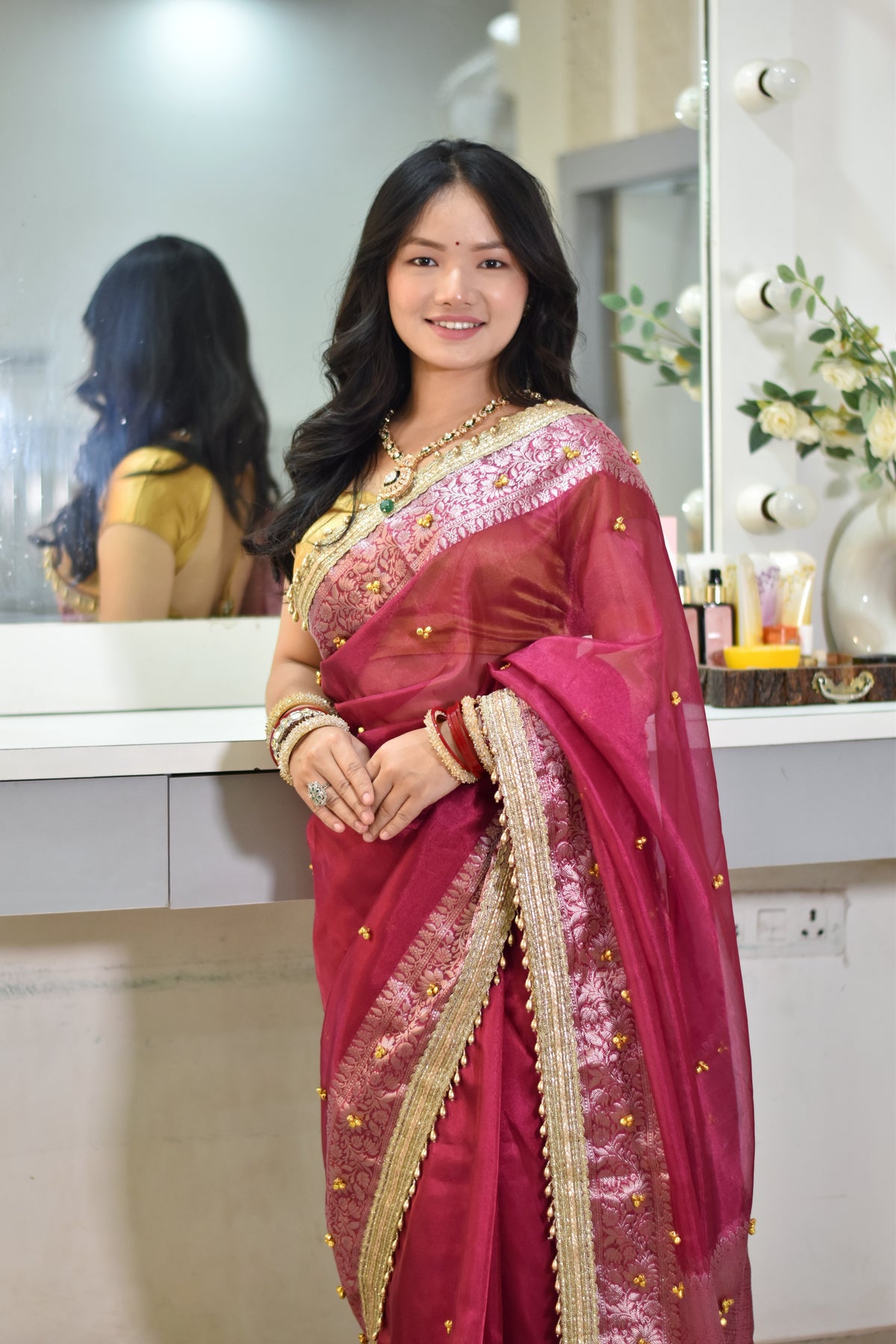 Banarasi Handwoven Tissue Saree With beautiful hand mirror work and pearl and  Embroidered Ghungroo Work - Rust red