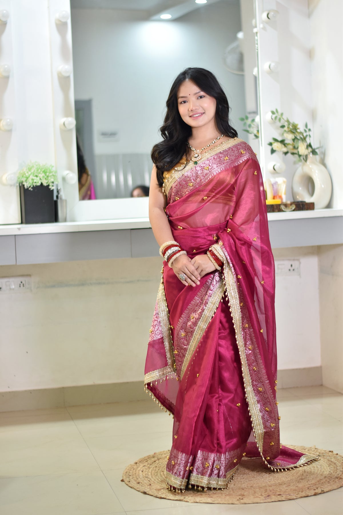 Banarasi Handwoven Tissue Saree With beautiful hand mirror work and pearl and  Embroidered Ghungroo Work - Rust red