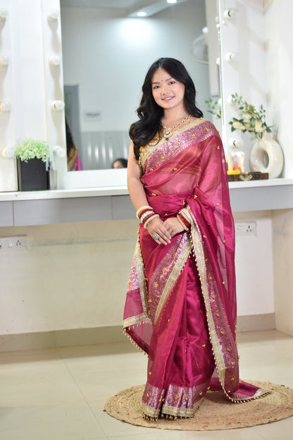 Banarasi Handwoven Tissue Saree With beautiful hand mirror work and pearl and  Embroidered Ghungroo Work - Rust red