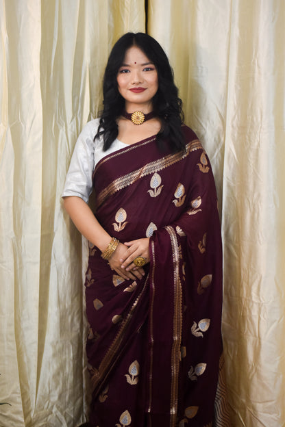 Banarasi cotton Silk Saree with sona and rupa zari work flower butti and satin border- wine colour