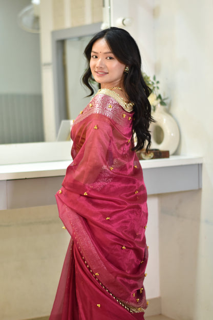 Banarasi Handwoven Tissue Saree With beautiful hand mirror work and pearl and  Embroidered Ghungroo Work - Rust red