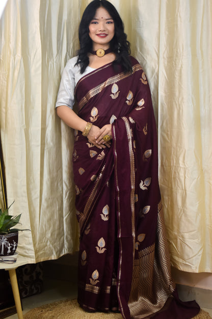 Banarasi cotton Silk Saree with sona and rupa zari work flower butti and satin border- wine colour