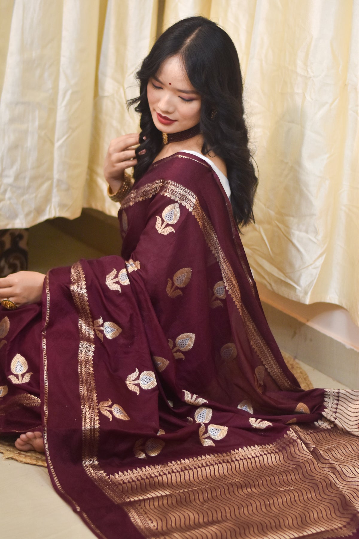 Banarasi cotton Silk Saree with sona and rupa zari work flower butti and satin border- wine colour
