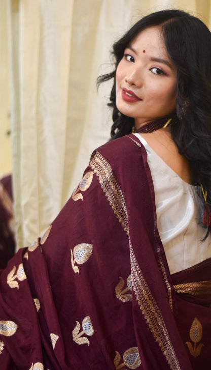 Banarasi cotton Silk Saree with sona and rupa zari work flower butti and satin border- wine colour