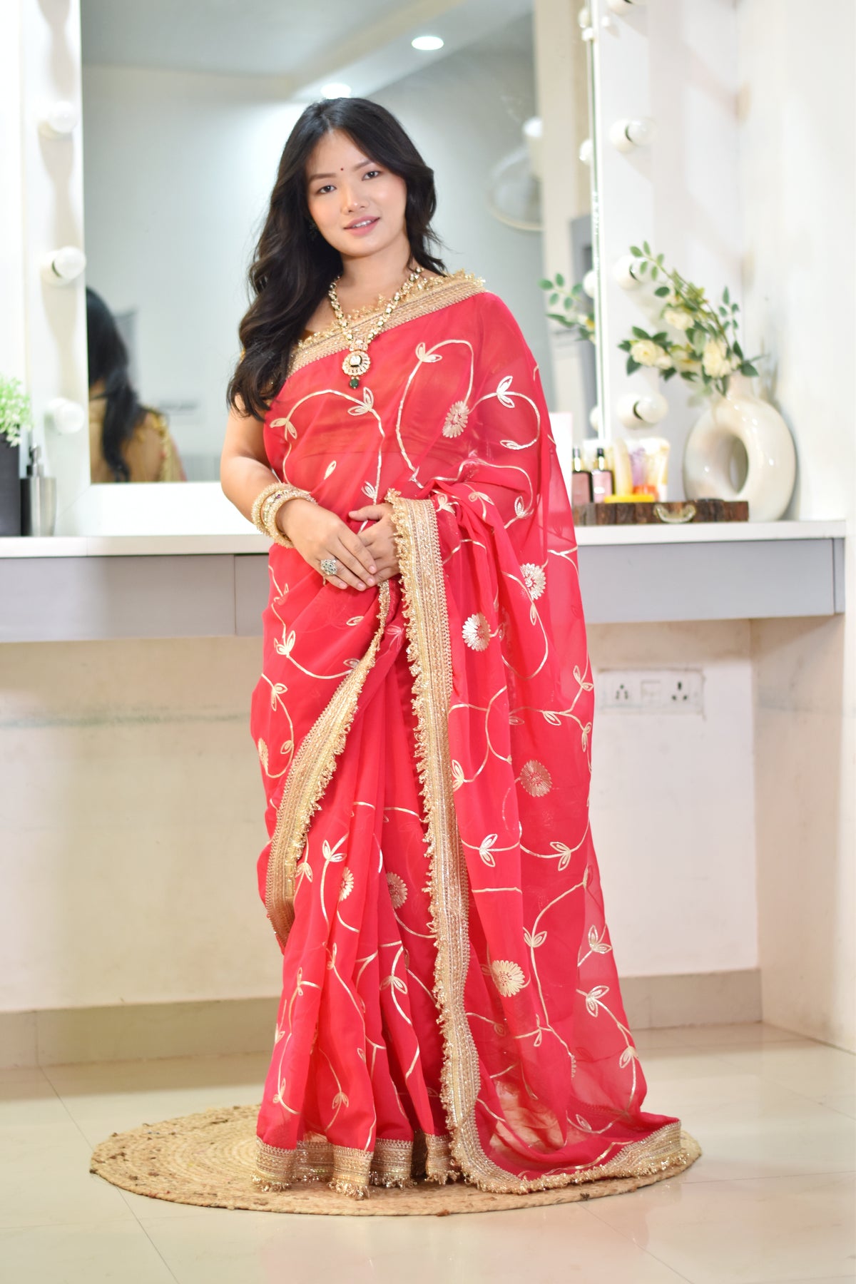 Ethereal Floral Gota Patti Saree in Vibrant Festival Colors- Rani pink