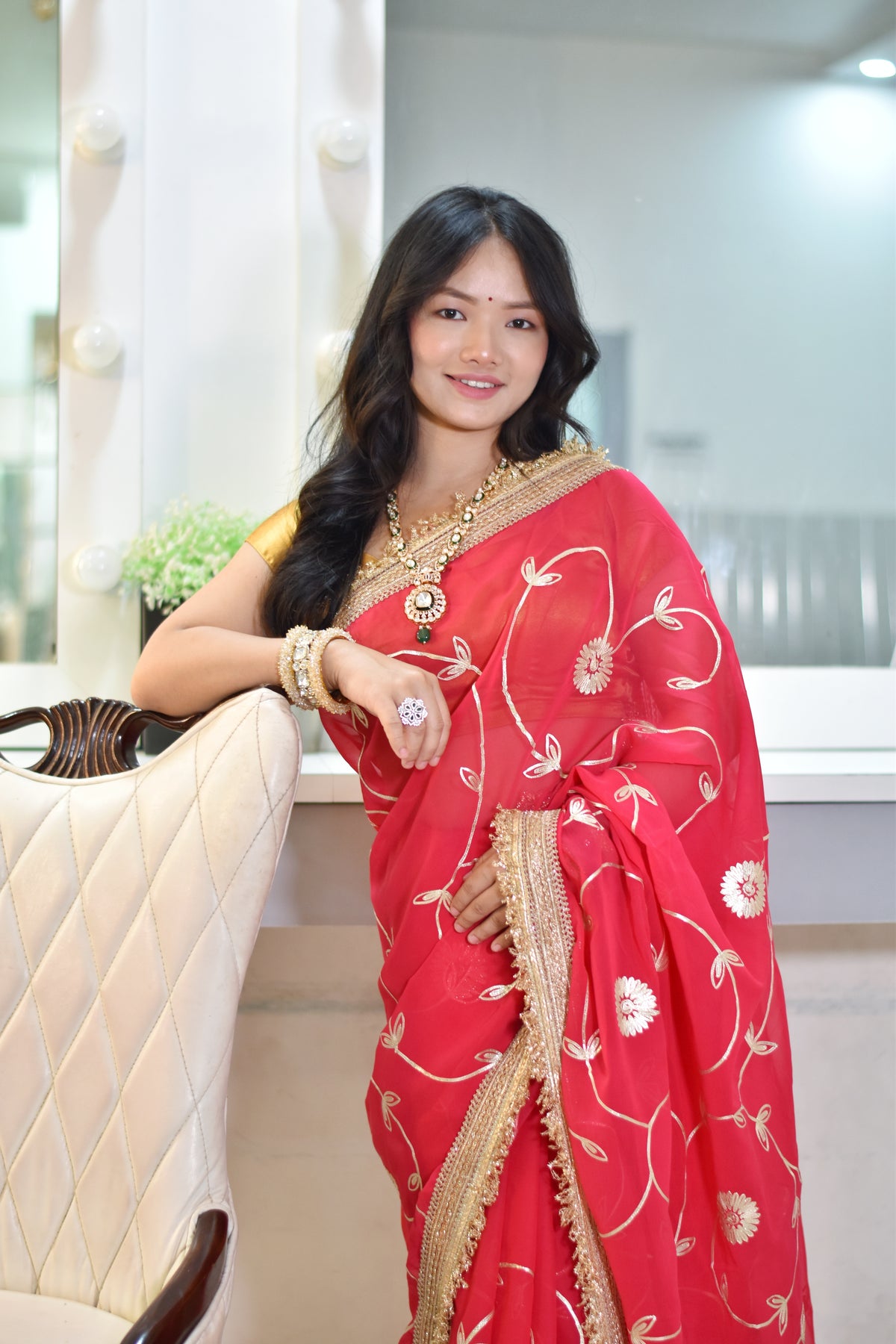 Ethereal Floral Gota Patti Saree in Vibrant Festival Colors- Rani pink