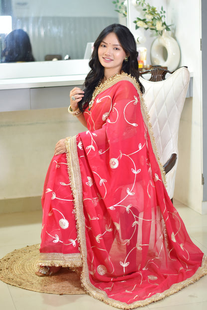 Ethereal Floral Gota Patti Saree in Vibrant Festival Colors- Rani pink