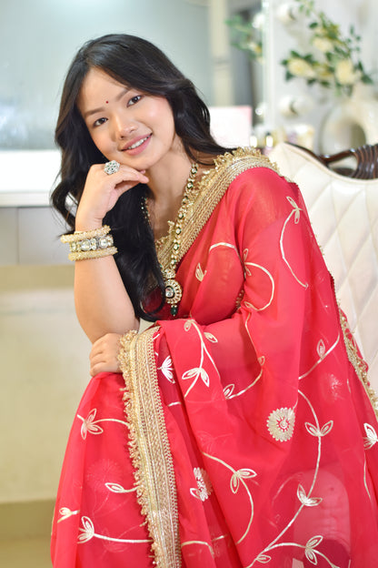 Ethereal Floral Gota Patti Saree in Vibrant Festival Colors- Rani pink