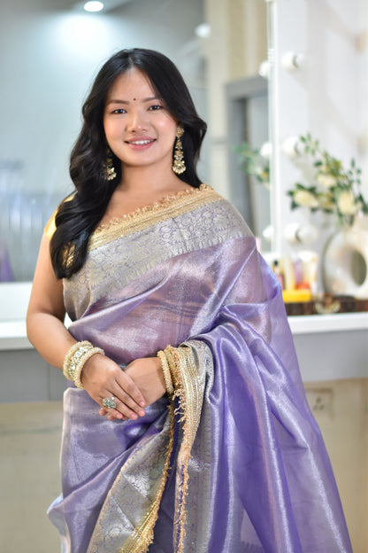 Lustrous Lavender Banarasi Tissue Saree with Grand Silver Zari Pallu