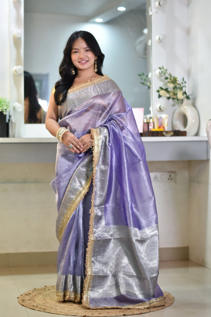 Lustrous Lavender Banarasi Tissue Saree with Grand Silver Zari Pallu