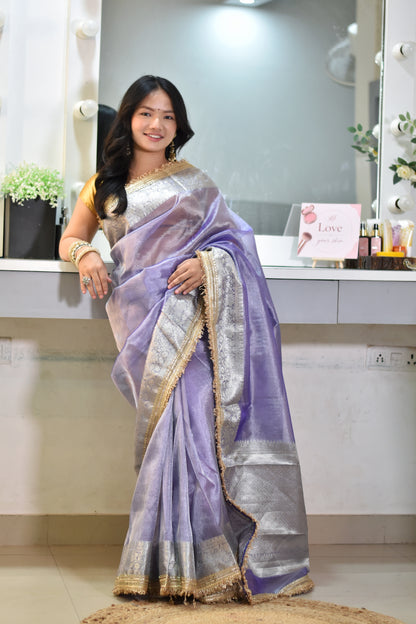 Lustrous Lavender Banarasi Tissue Saree with Grand Silver Zari Pallu