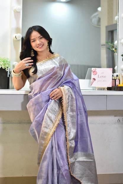 Lustrous Lavender Banarasi Tissue Saree with Grand Silver Zari Pallu