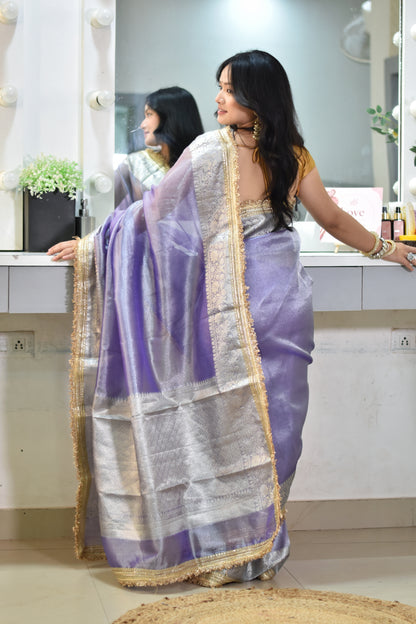 Lustrous Lavender Banarasi Tissue Saree with Grand Silver Zari Pallu