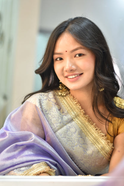 Lustrous Lavender Banarasi Tissue Saree with Grand Silver Zari Pallu