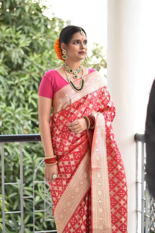 Beautiful handwoven pink banarasi saree with golden zari work all over the saree