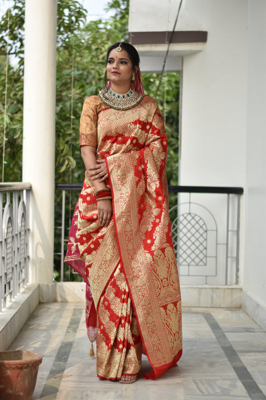 Beautiful handwoven red banarasi silk saree with golden zari work all over the saree