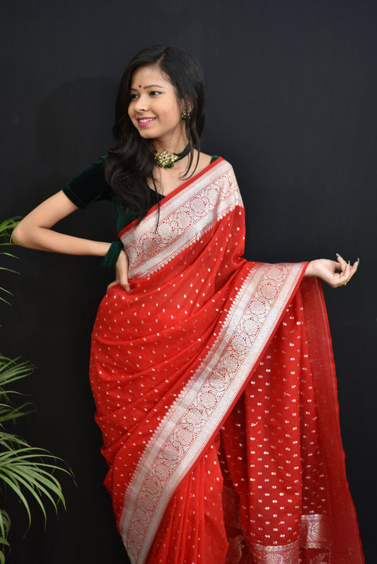 Handwoven banarasi semi chiffon saree with silver zari weaving