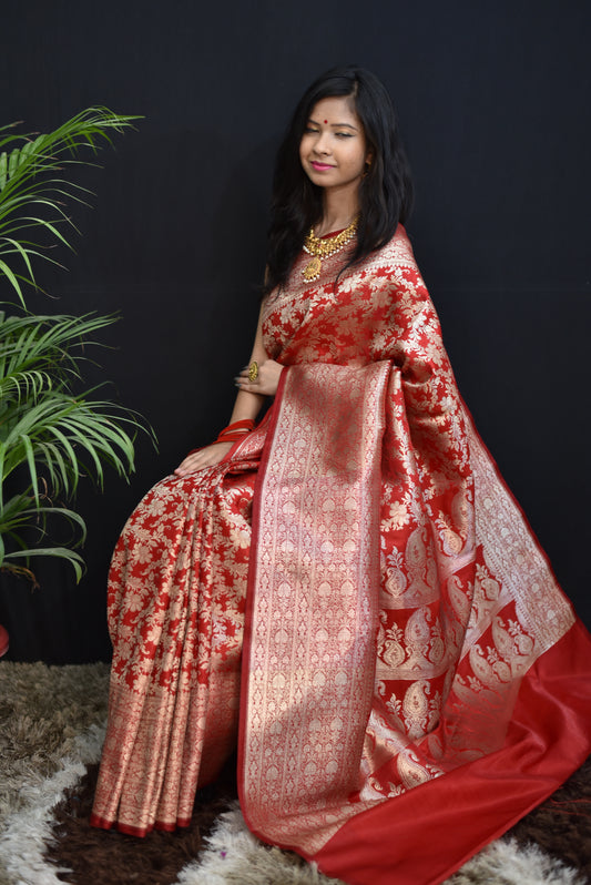 Red banarasi silk saree with golden zari weaving