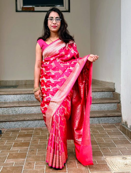 Pink Banarasi Mashru Silk Saree with intricate zari weaving