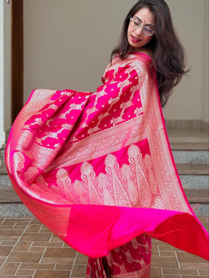 Pink Banarasi Mashru Silk Saree with intricate zari weaving