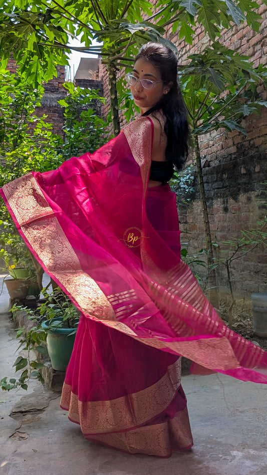 Rani colour handwoven banarasi organa saree with golden zari weaving