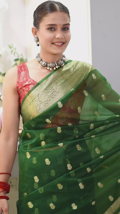 Banarasi Kora saree with beautiful golden zari weaving buta - Green