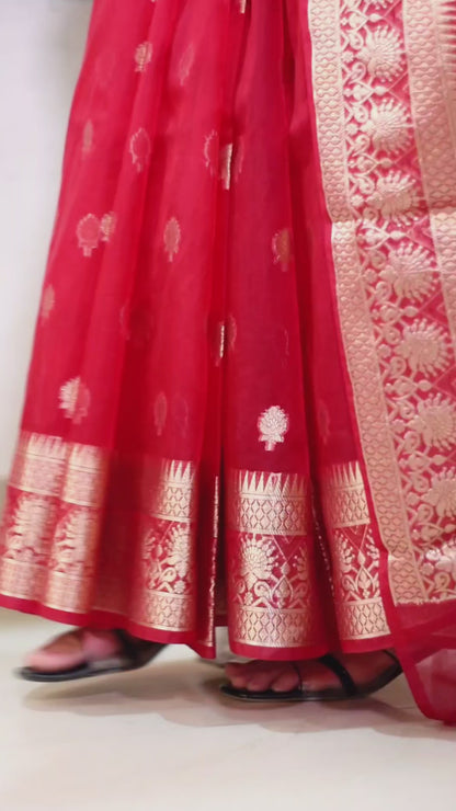 Banarasi Kora saree with beautiful golden zari weaving buta - red