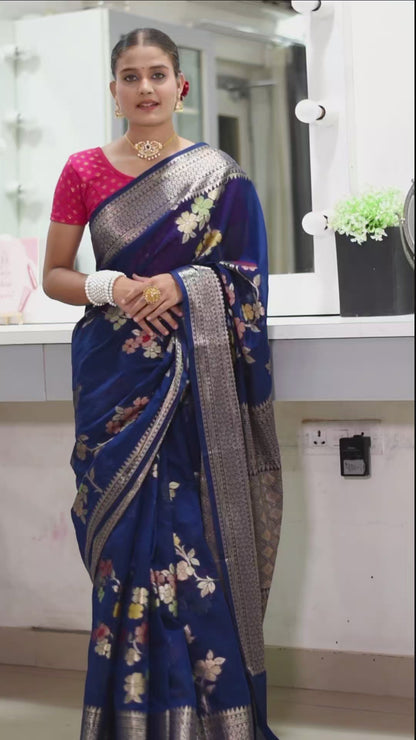 Banarasi chiffon saree with floral zari weaving and beautiful border- Midnight blue