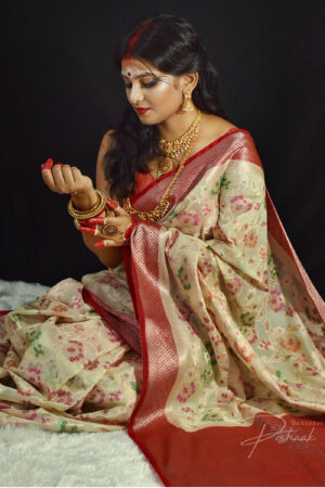 banarai cream red saree with meena jaal work all over the saree